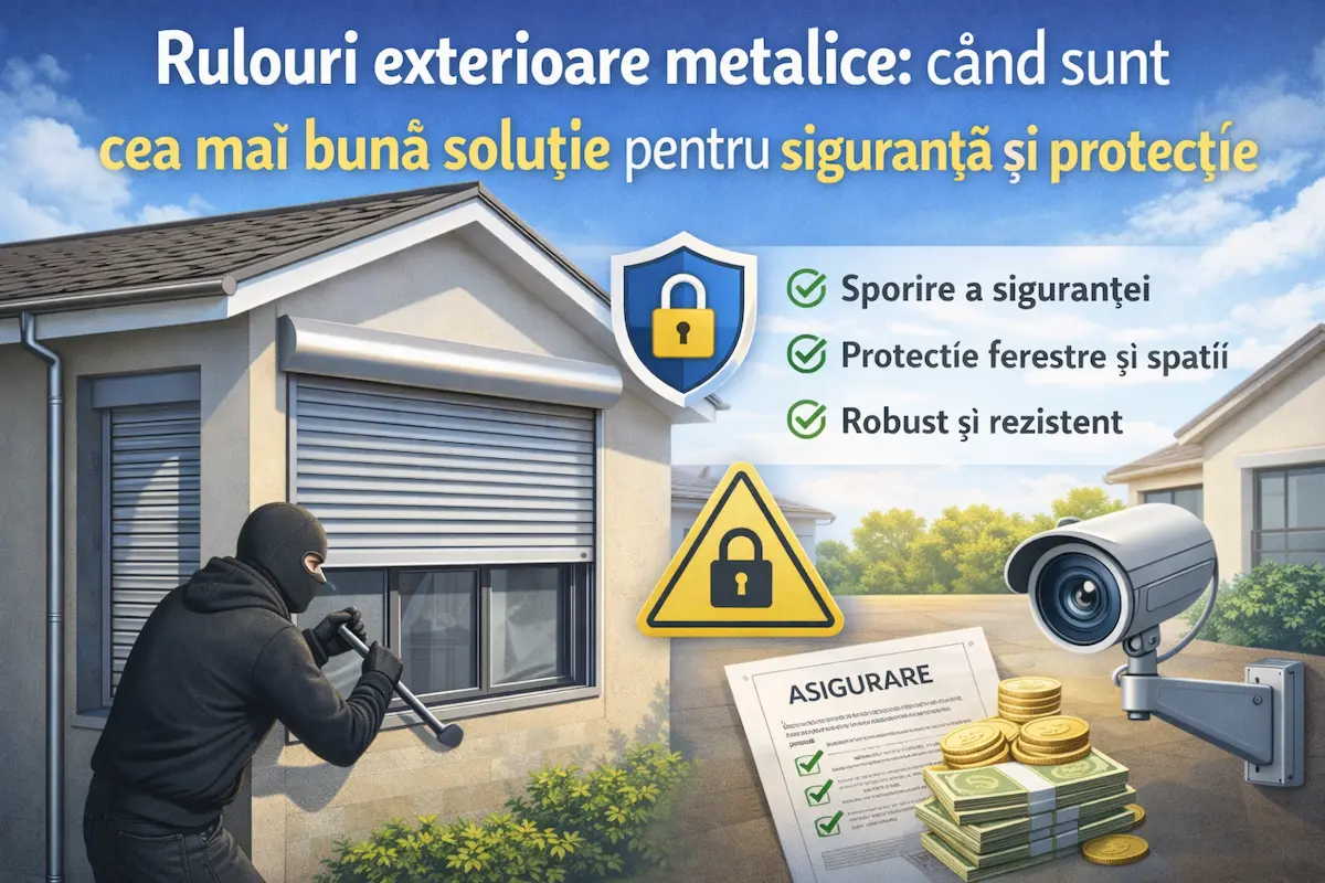 Rulouri exterioare metalice montate pe o locuință pentru siguranță și protecție