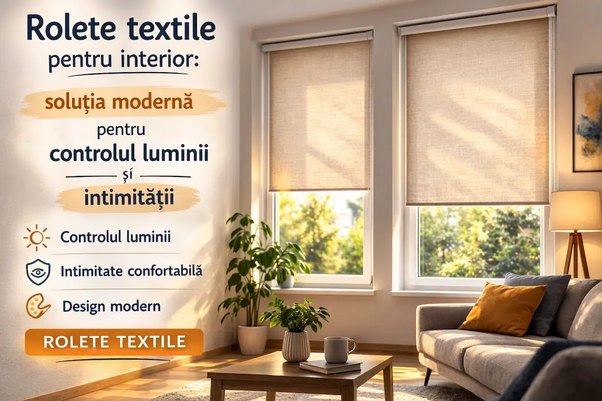 Rolete textile pentru interior – soluție modernă pentru controlul luminii Rolete textile pentru interior montate într-un living modern, pentru controlul luminii și intimității